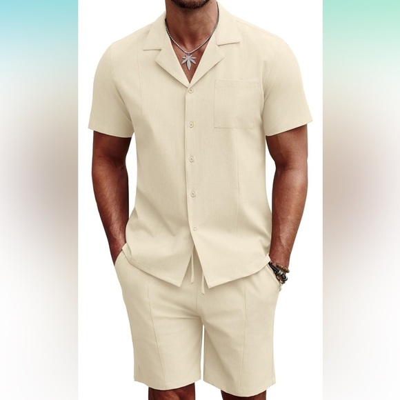 COOFANDY Men's 2 Piece Short Sleeve Button Down Shirt & Short Set!! NEW!!!☀️🏖️ - Picture 2 of 7